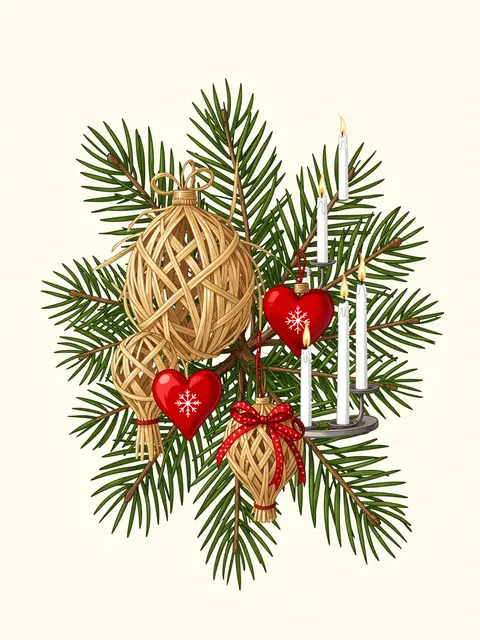 Festive pine branch arranged with straw ornaments, red heart decorations, and lit white candles on a cream background