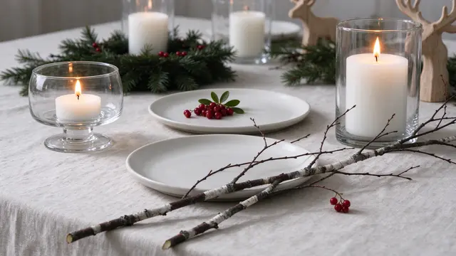 A minimalist Scandinavian Christmas table styled with linen cloth, lit candles, birch branches and white plates.