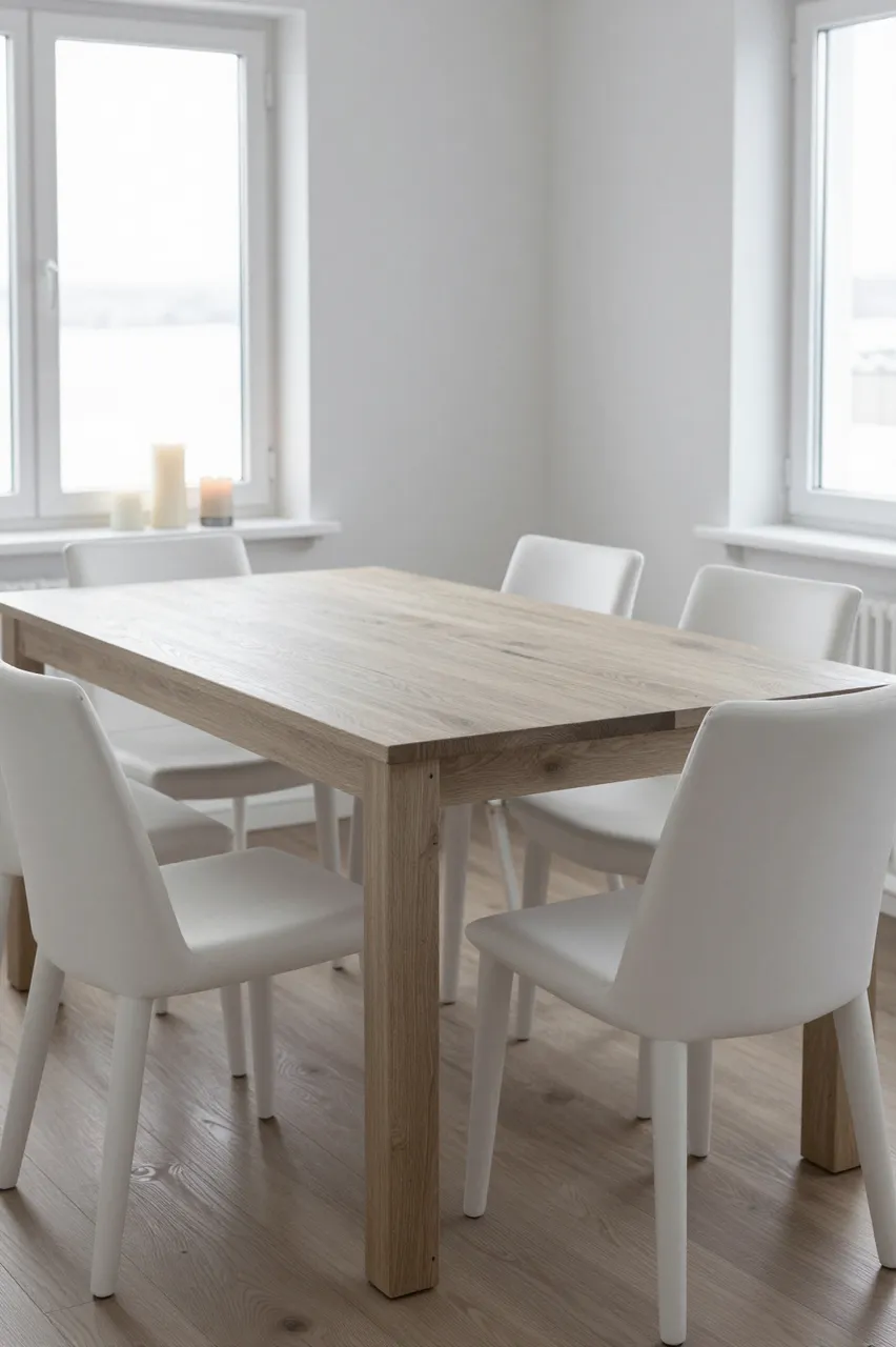 Light ash dining table surrounded by white chairs with candles on the windowsills of a bright minimalist dining room