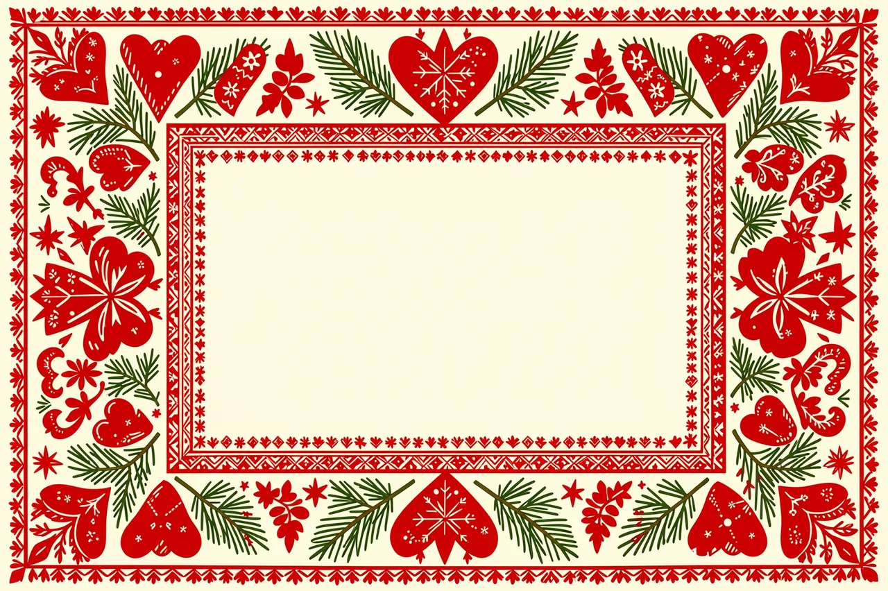 Ornate Scandinavian folk art border with hearts, stars and pine sprigs surrounding an empty cream center