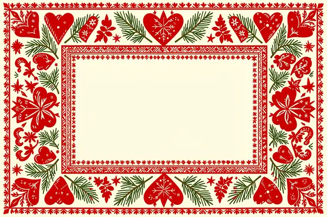 Ornate Scandinavian folk art border with hearts, stars and pine sprigs surrounding an empty cream center
