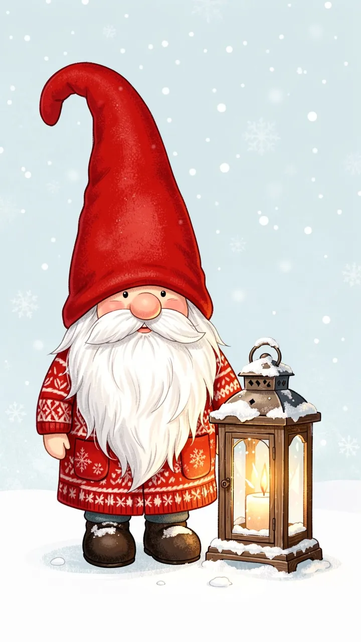 A cute folk art Scandinavian gnome stands next to a snow-covered lit lantern in falling snow