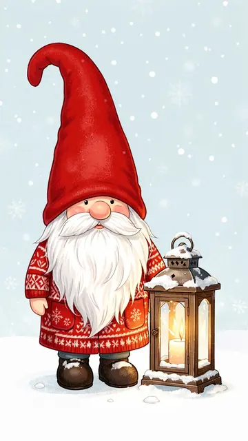 A cute folk art Scandinavian gnome stands next to a snow-covered lit lantern in falling snow