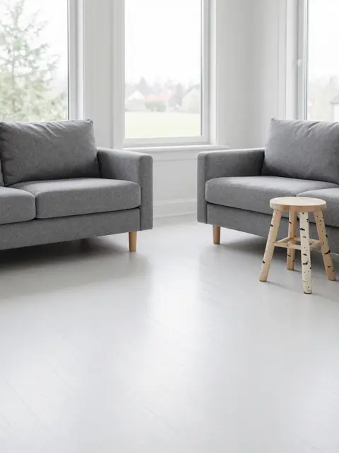 Bright minimalist scandinavian living room with gray sofas, birch stool and tall windows