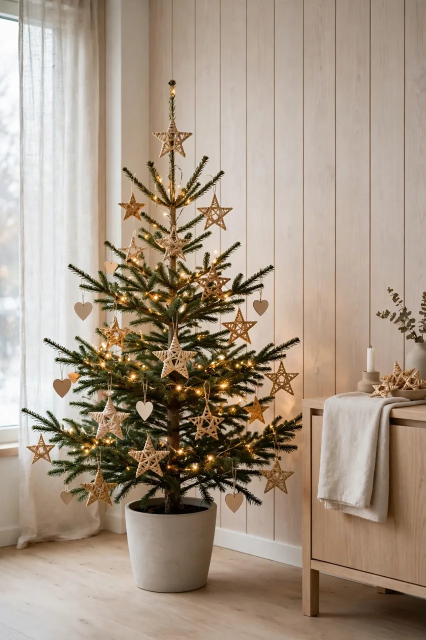 A potted minimalist Christmas tree with straw stars, wooden hearts and warm lights in a pale oak interior room