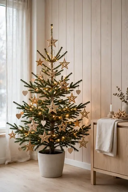 A potted minimalist Christmas tree with straw stars, wooden hearts and warm lights in a pale oak interior room