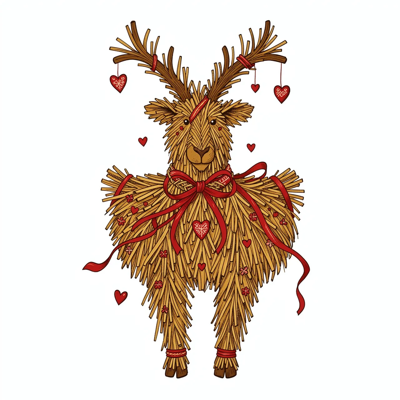 Illustrated straw yule goat decorated with red ribbons and small heart ornaments against a plain white background