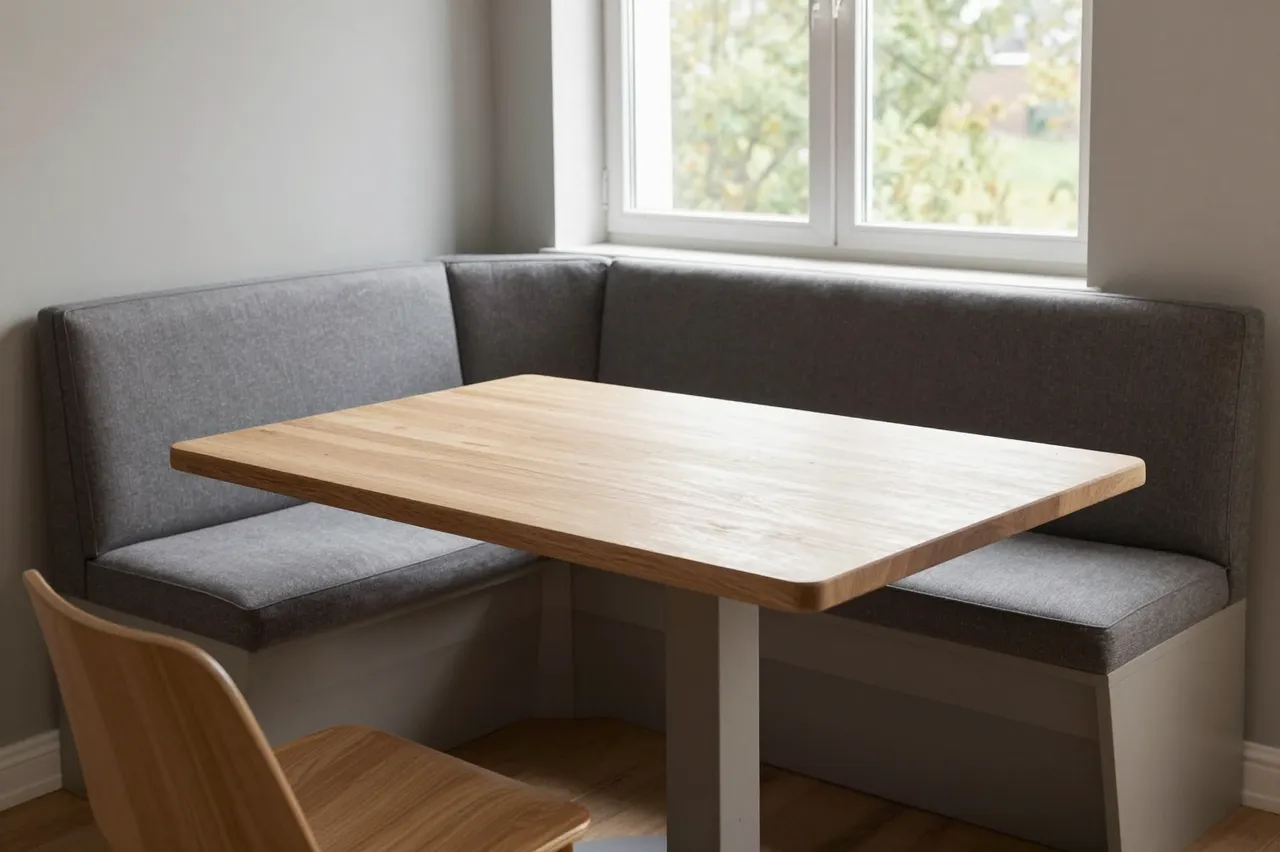 Built-in upholstered dining banquette sits beside a light wood table and chair under a bright window