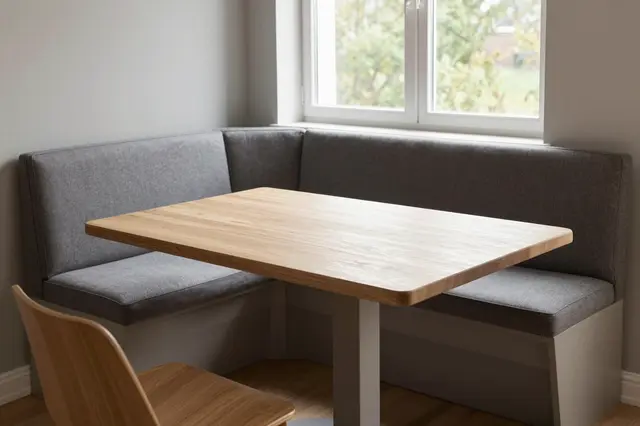 Built-in upholstered dining banquette sits beside a light wood table and chair under a bright window