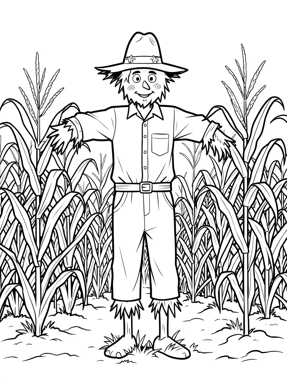 Black and white bold line art of a friendly scarecrow standing in a cornfield on a plain white background