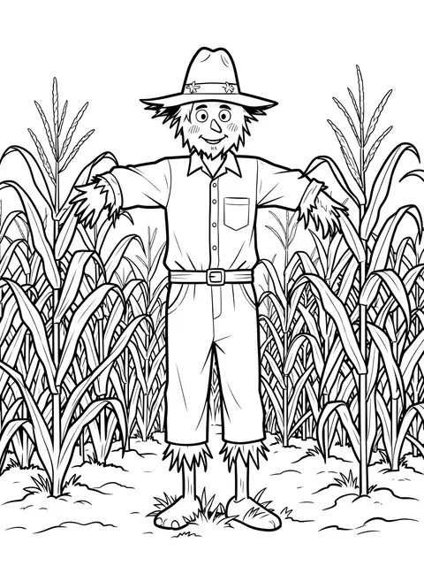 Black and white bold line art of a friendly scarecrow standing in a cornfield on a plain white background