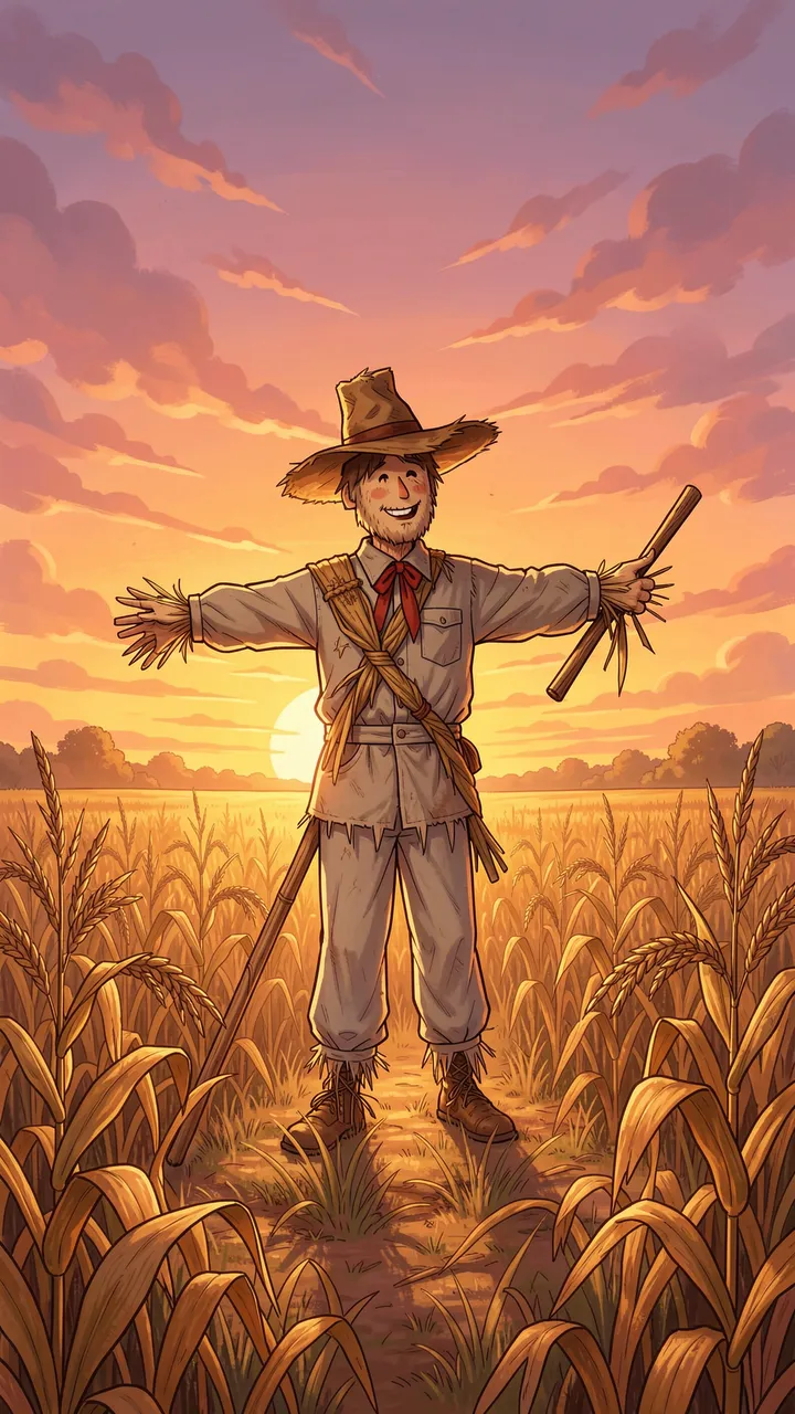 A friendly illustrated scarecrow stands in a golden grain field beneath a warm sunset sky