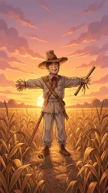 A friendly illustrated scarecrow stands in a golden grain field beneath a warm sunset sky