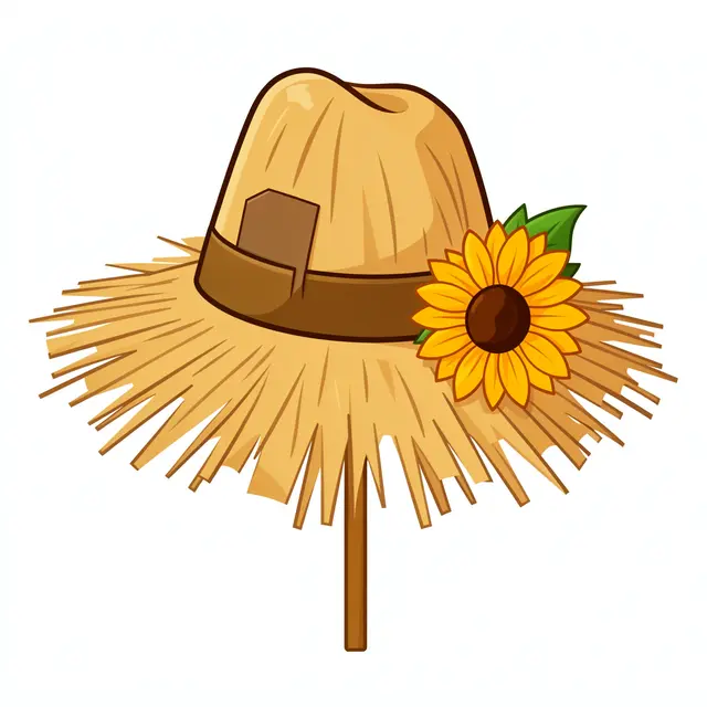 Flat cartoon illustration of a straw scarecrow hat with a patch and sunflower, isolated on a plain white background