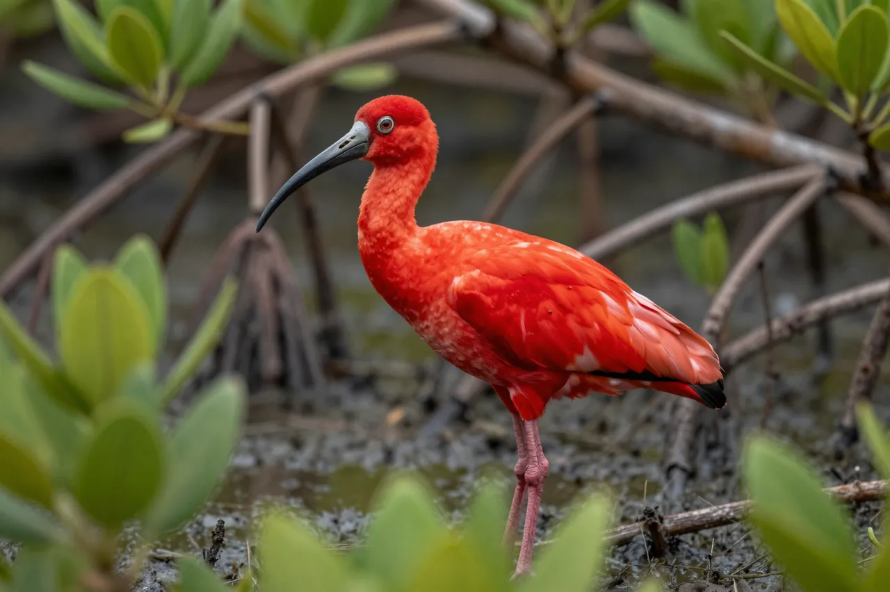 A bright red scarlet ibis stands in shallow muddy water among mangrove vegetation.