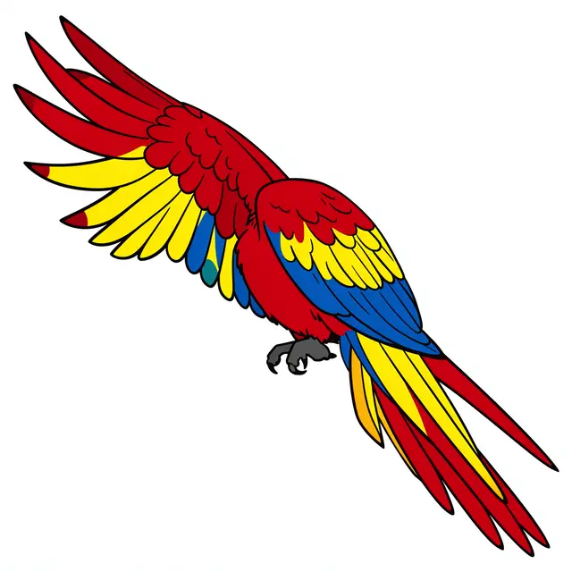 Flat clipart of a flying scarlet macaw with spread wings isolated on a plain white background
