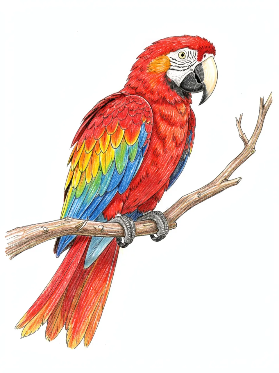 A detailed colored pencil drawing of a scarlet macaw perched on a bare branch against a white background