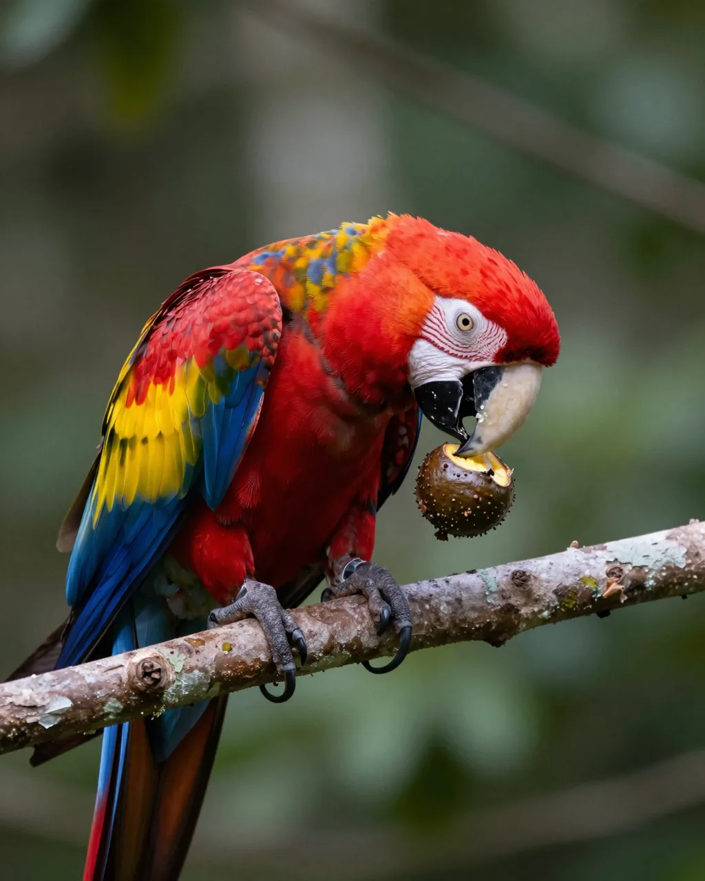 A scarlet macaw perched on a lichened rainforest branch nibbling a small spiky wild fruit.