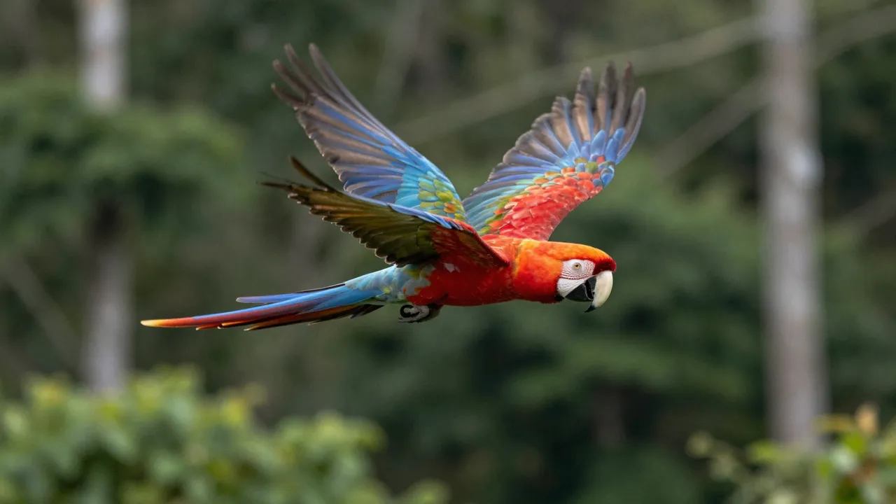 A colorful scarlet macaw flies with spread wings above a blurred rainforest background.