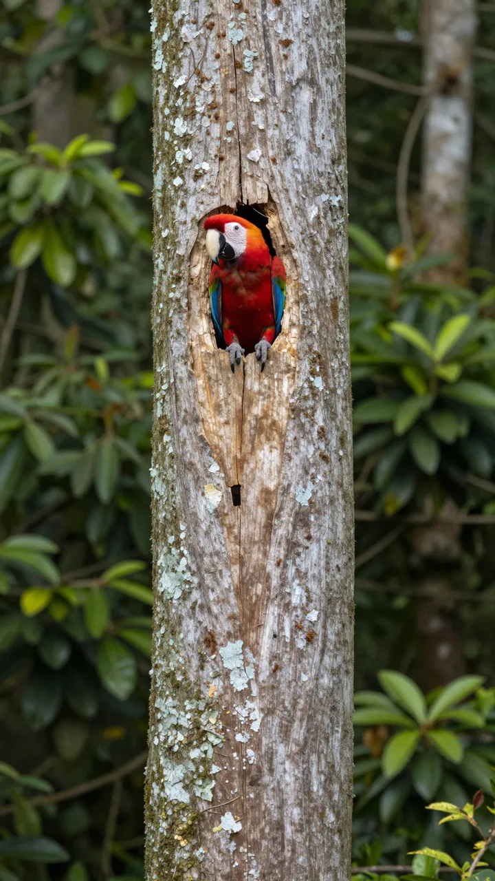 A scarlet macaw peers out from a cavity in a lichen-covered rainforest tree trunk