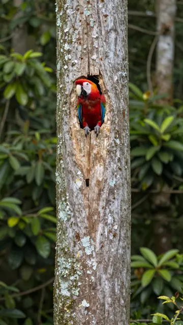 A scarlet macaw peers out from a cavity in a lichen-covered rainforest tree trunk