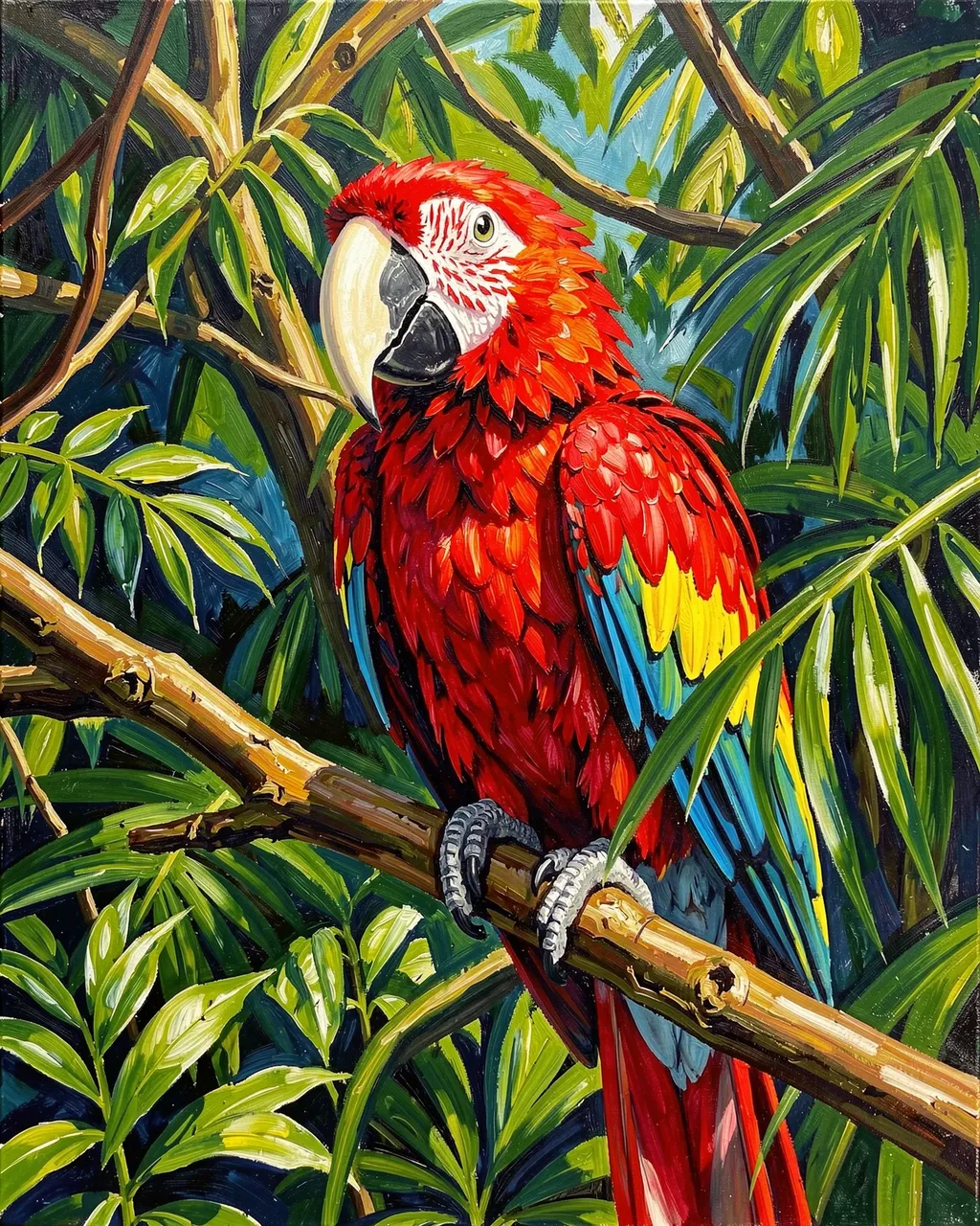 Vivid acrylic painting of a scarlet macaw perched on a jungle branch surrounded by green foliage