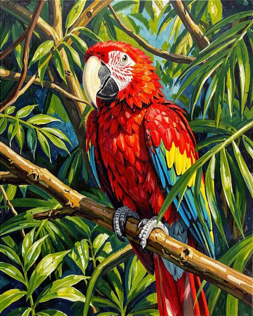 Vivid acrylic painting of a scarlet macaw perched on a jungle branch surrounded by green foliage