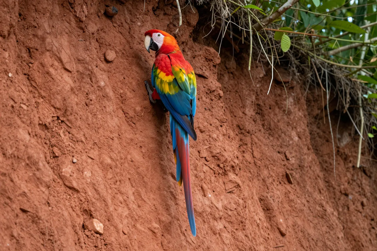 A vibrant scarlet macaw clings to a textured red clay rainforest bank with long tail feathers hanging downward.