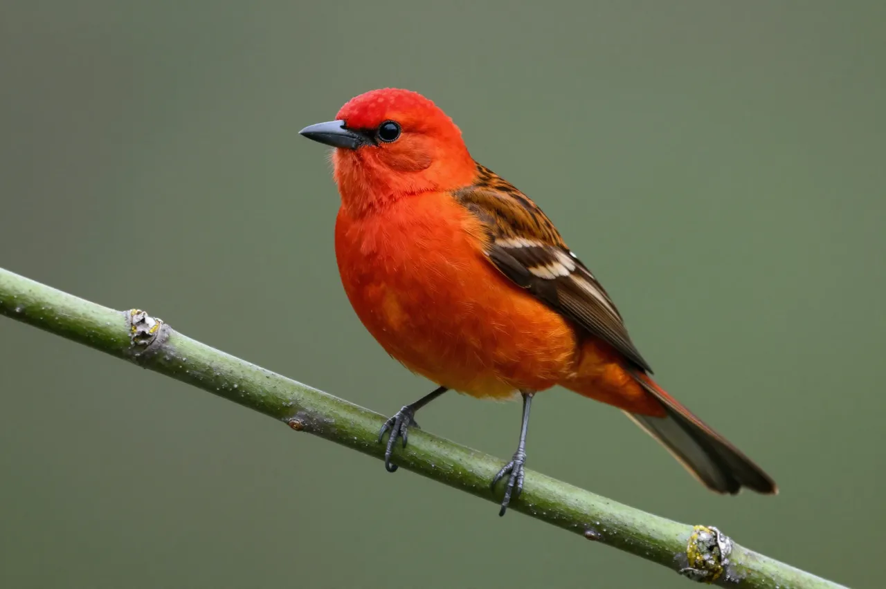 Bright red scarlet tanager rests on a smooth green branch against a soft blurred green background.