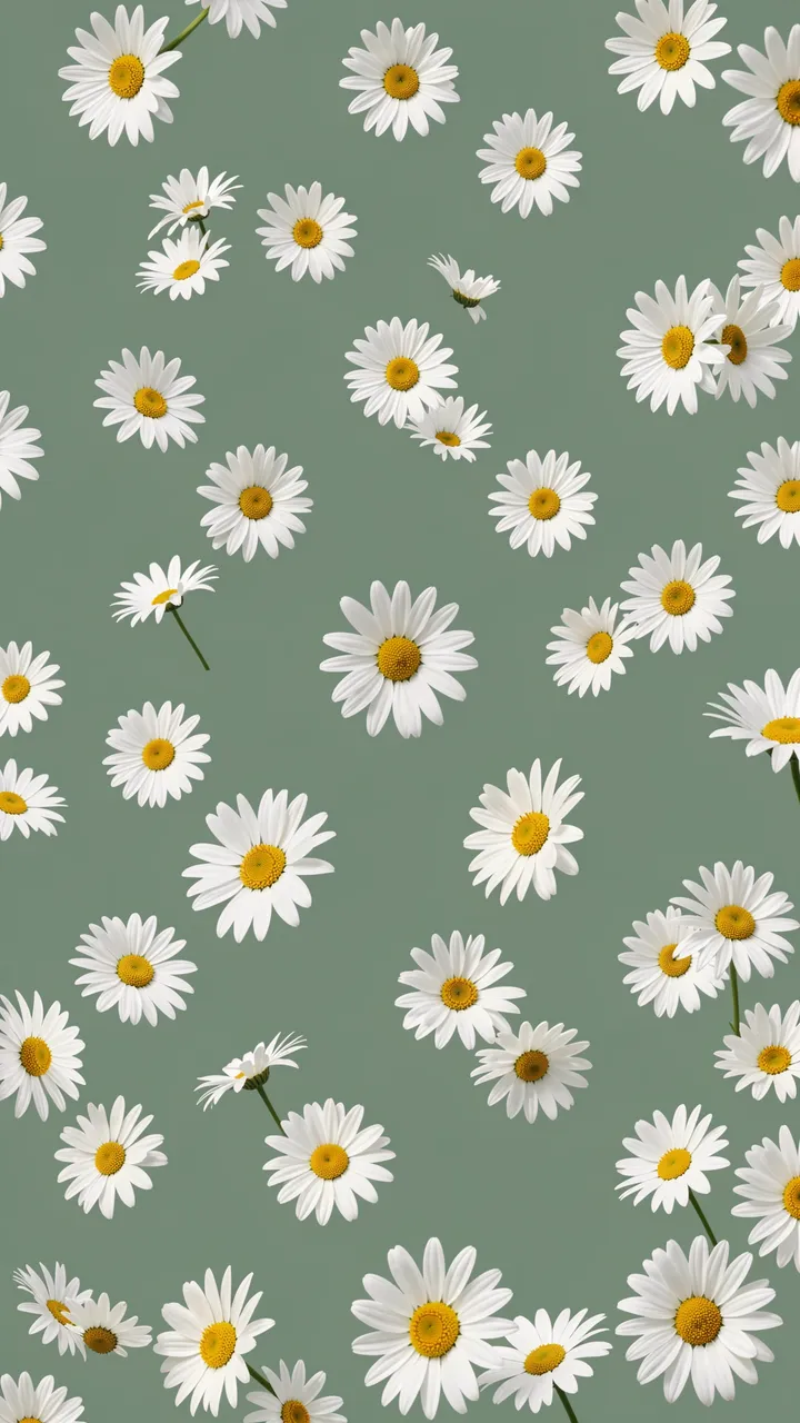 White daisies with yellow centers are scattered across a smooth solid sage green background.