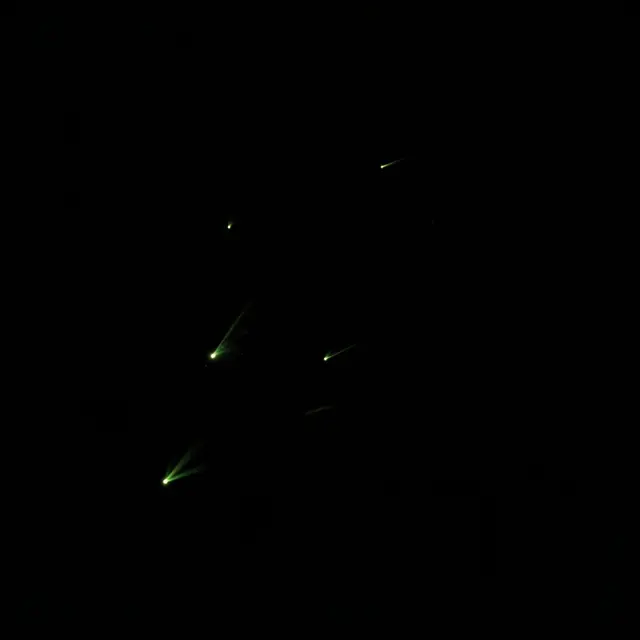 Faint green glowing points with soft light trails rest against a solid pure black background