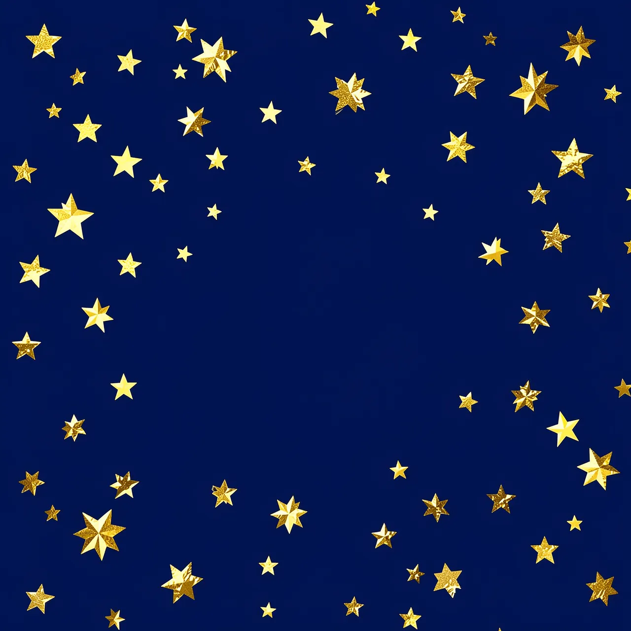 Metallic gold foil stars scattered across a solid deep midnight blue background