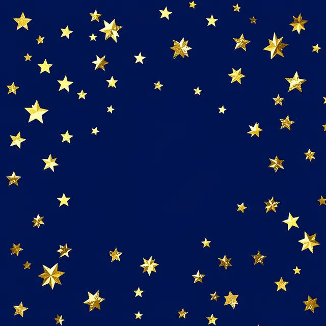 Metallic gold foil stars scattered across a solid deep midnight blue background