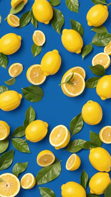 Whole and sliced lemons with green leaves scattered across a solid bright blue background