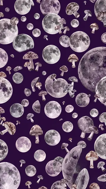 Watercolor style full moons and mushrooms scattered across a dark purple background