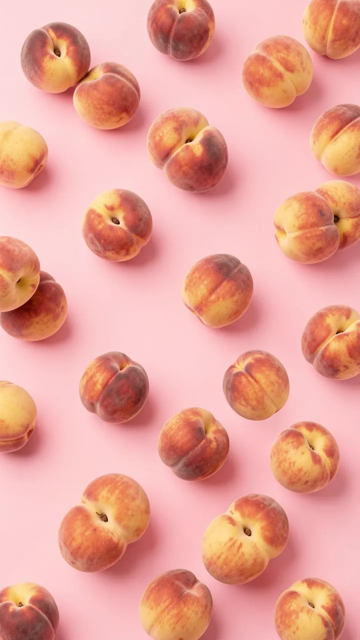 Ripe fuzzy peaches scattered evenly across a smooth solid pastel pink background