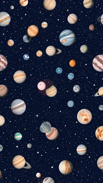 Diverse illustrated planets and tiny stars scattered across a deep navy space background