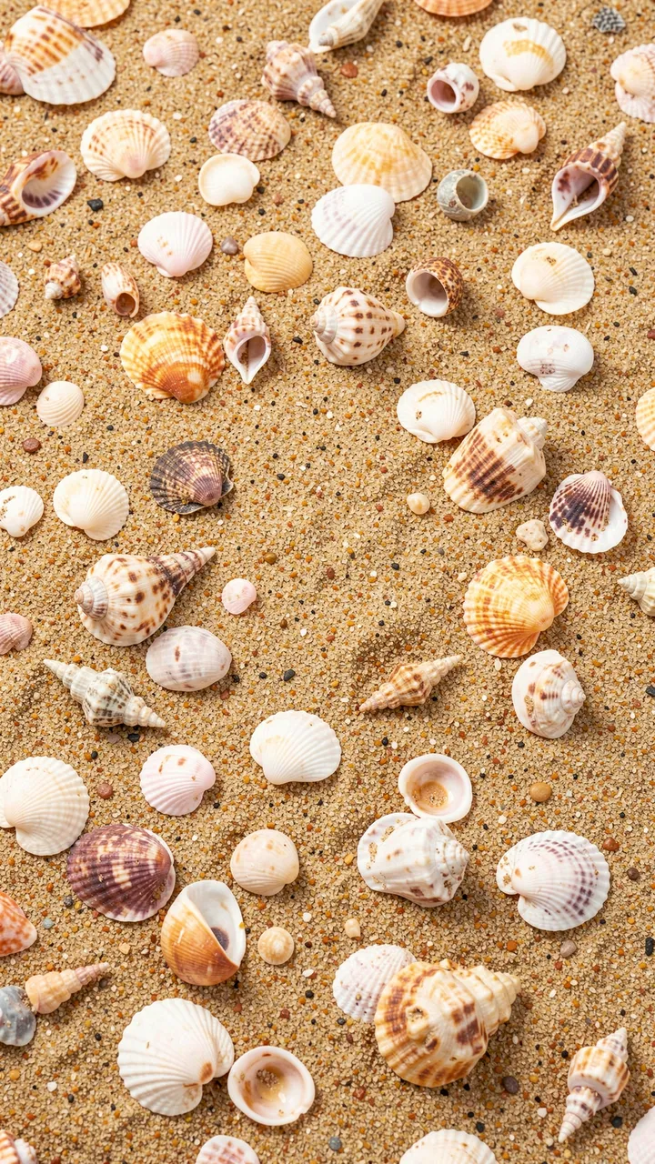 Assorted patterned seashells scattered across fine light tan sand in a vertical frame