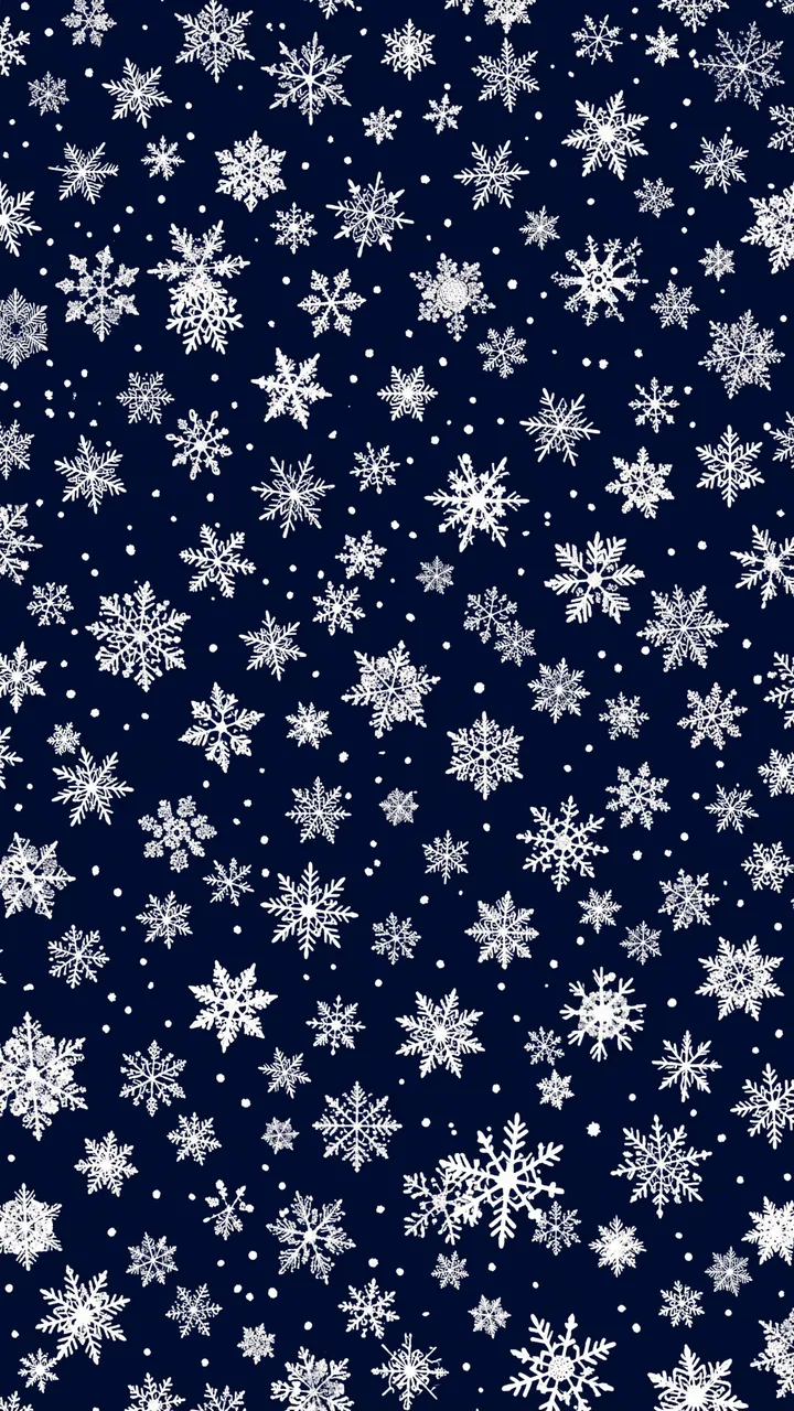 Delicate white snowflakes of varying sizes scattered across a deep navy blue background