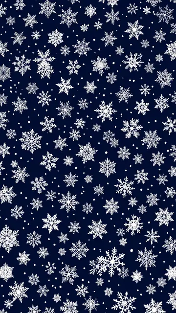 Delicate white snowflakes of varying sizes scattered across a deep navy blue background
