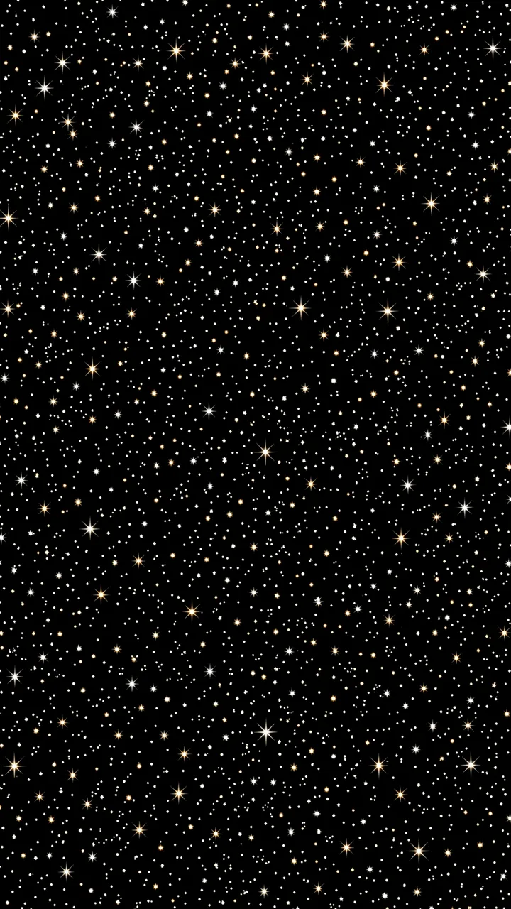 A vertical dark black background covered in scattered glowing gold and white star-shaped sparkles and tiny dots.