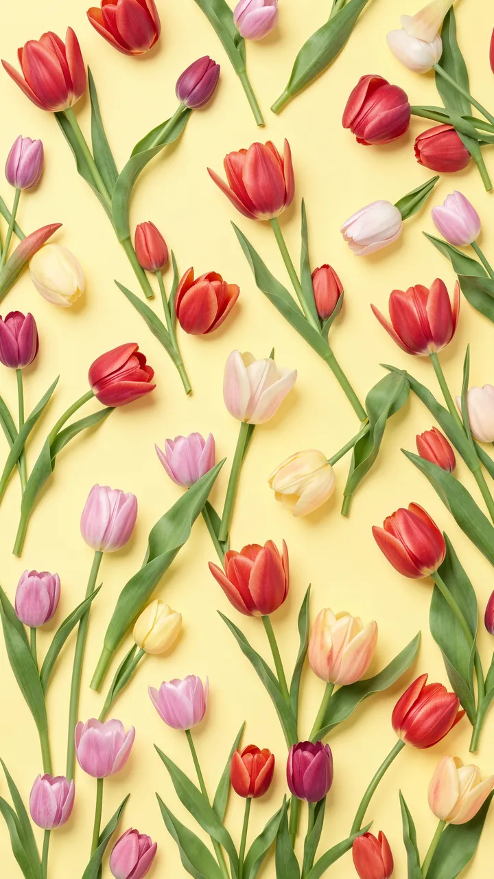 Mixed red, pink, purple and cream tulips scattered across a soft butter yellow background