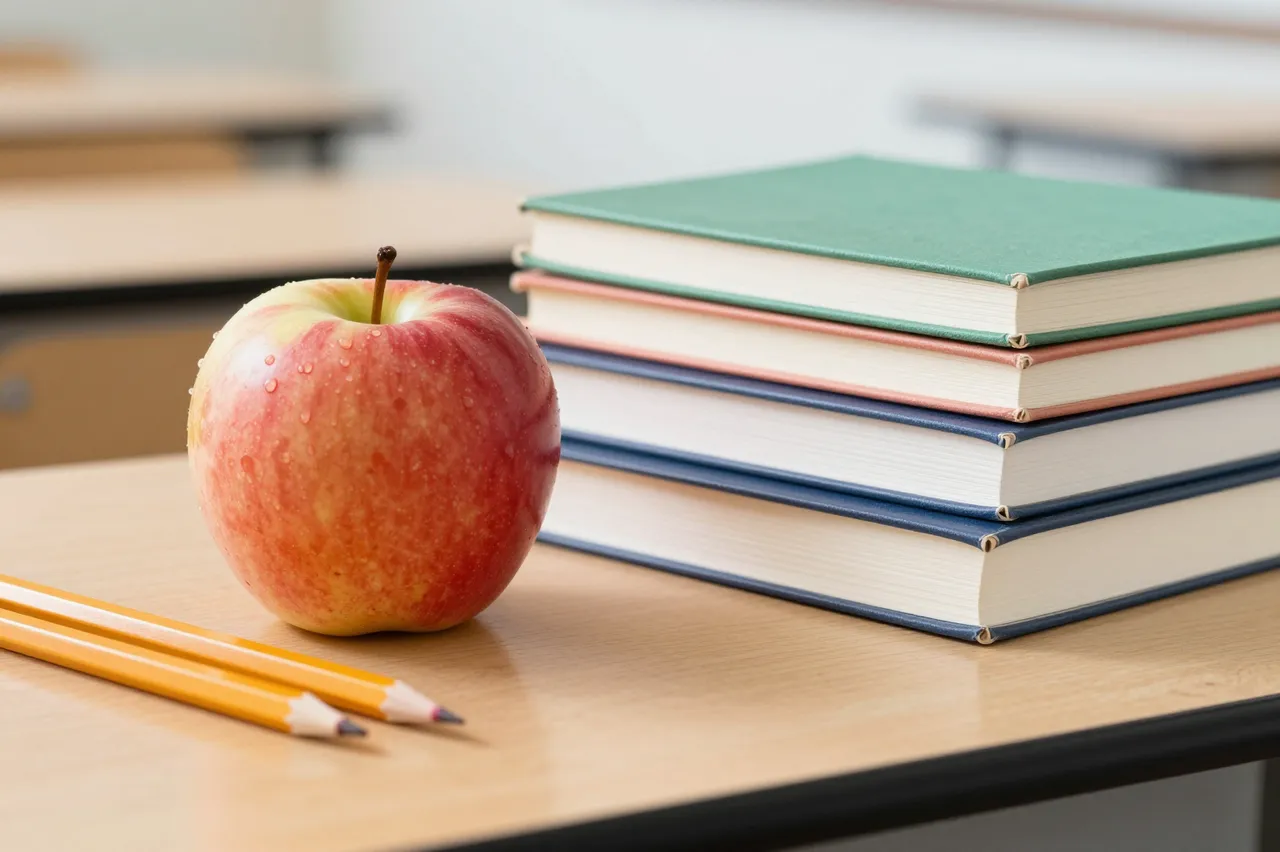 A red apple, two yellow pencils, and a stack of books sit on a light wood classroom desk.
