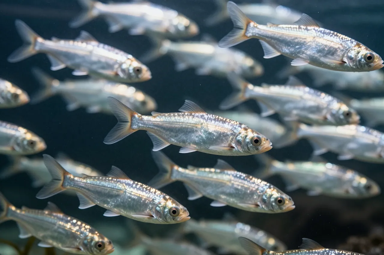 A swirling school of shiny silver small fish swims through dark clear underwater water.