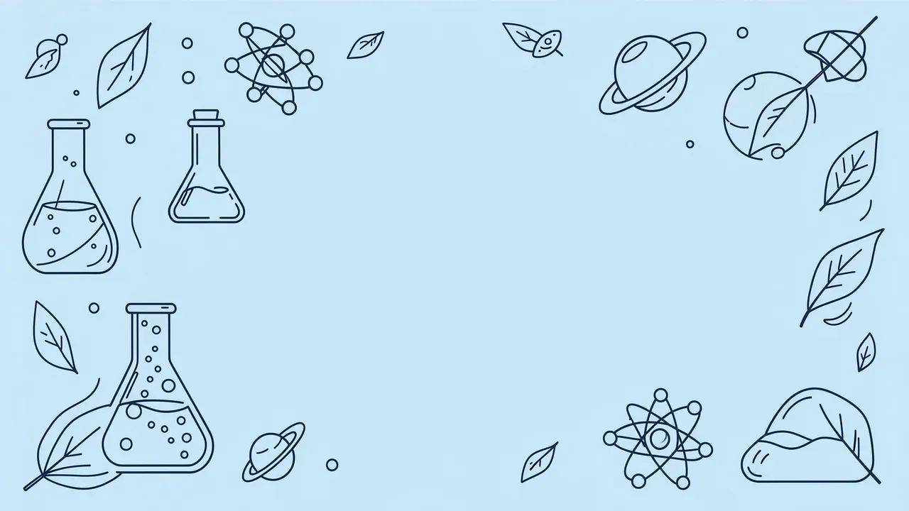 Thin line illustration of flasks, atoms, planets and leaves arranged around an empty pale blue center