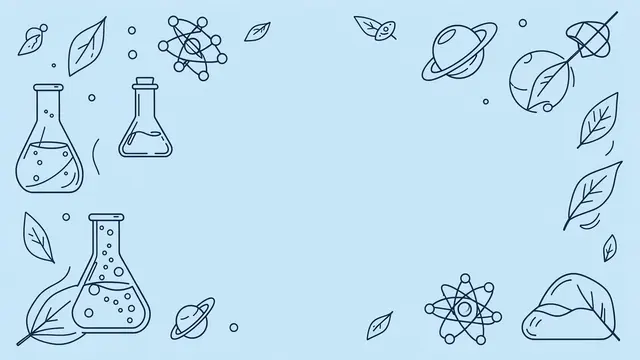 Thin line illustration of flasks, atoms, planets and leaves arranged around an empty pale blue center