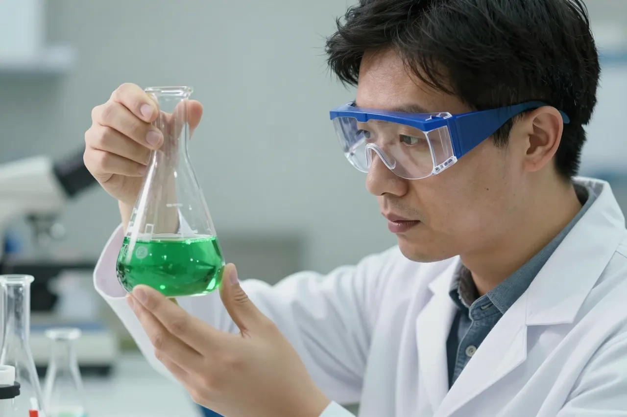 Lab worker in safety goggles holds an erlenmeyer flask of bright green liquid to inspect its contents