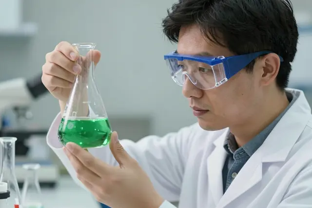 Lab worker in safety goggles holds an erlenmeyer flask of bright green liquid to inspect its contents