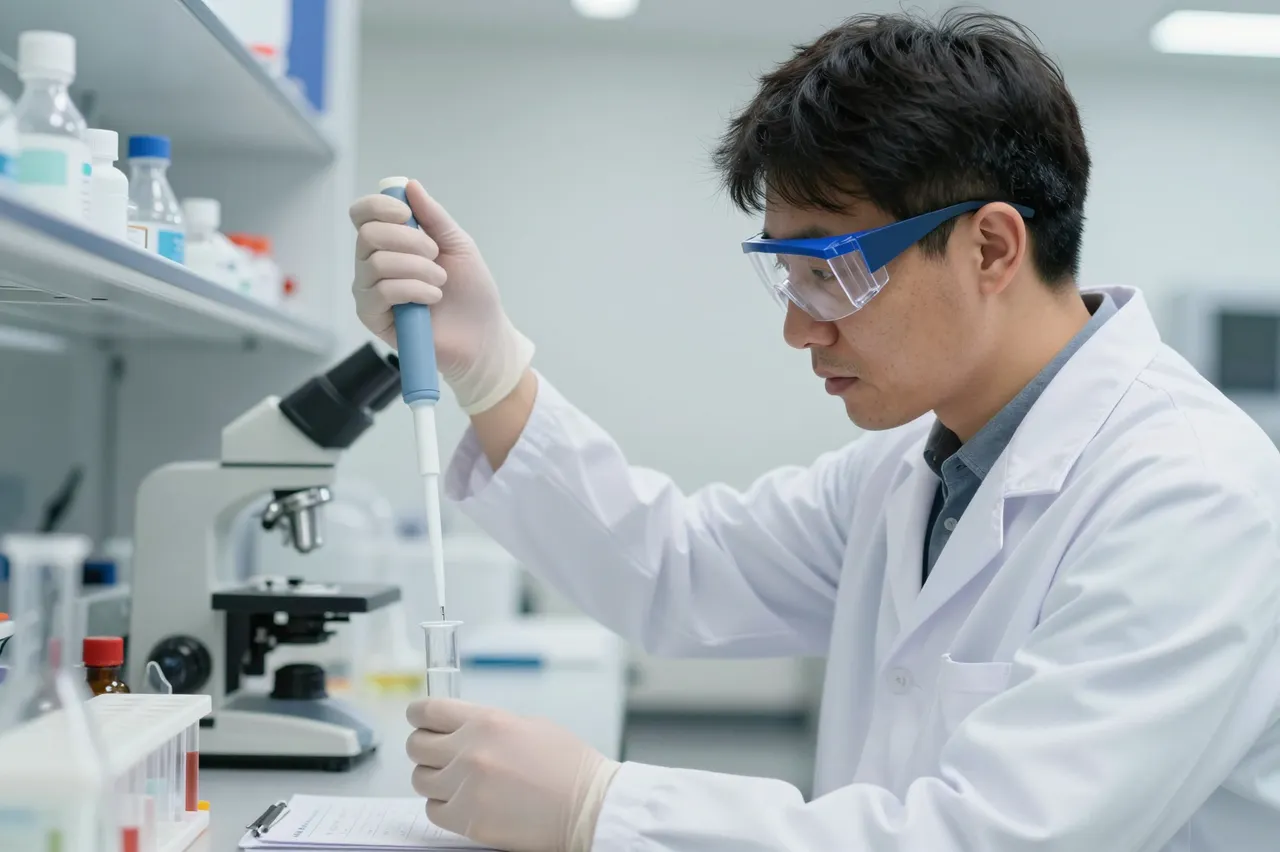 A side view of a lab-coated researcher using a pipette to transfer sample liquid into a test tube in a bright laboratory.
