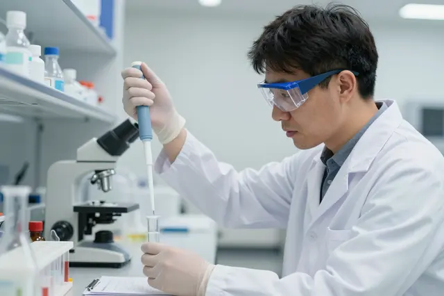 A side view of a lab-coated researcher using a pipette to transfer sample liquid into a test tube in a bright laboratory.